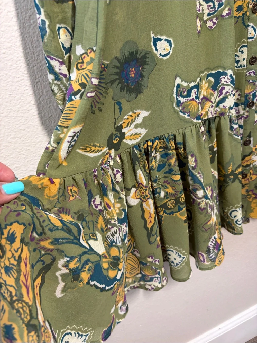Free People Olive Green Floral Ruffle-Hem Long Sleeve Dress